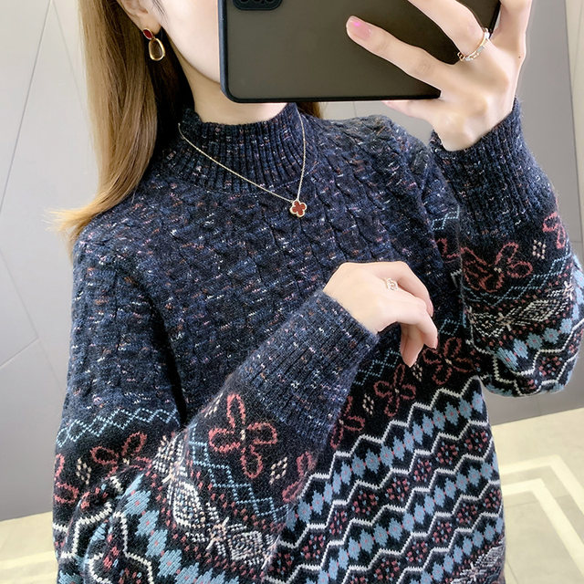 Women Autumn Vintage Print Half-Turtleneck Sweater
