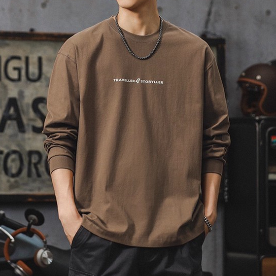 
260g American retro high-end brown long-sleeved T-shirt men's trendy brand loose casual cotton top bottoming shirt sweatshirt