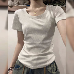American-Style Regular Shoulder Short-Sleeve T-Shirt for Women, Summer New U-Neck Inner Wear, Short Slim-Fit Tight-Fitting Base Shirt Top for Women