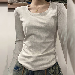 Round Neck, Regular Shoulder, Long-Sleeved T-Shirt for Women, 2025 New Autumn and Winter Slim Fit, Brushed and Fleece-Lined, Gray Inner Layer Base Shirt Top