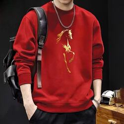 Round Neck Fleece Sweatshirt for Men 2026 Autumn and Winter New Style Year of the Horse Red Printed Casual Long-Sleeved T-Shirt Top