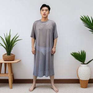 
Siren style men's four-sided elastic draped spandex mesh long bathrobe transparent sexy large size home nightgown nightgown