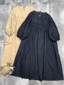 
Lace-up back pleated lantern sleeve dress for women 2026 summer new sweet pure cotton loose long-sleeved mid-length dress