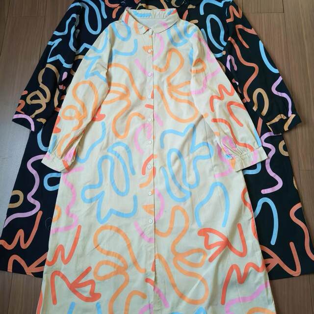 Daily single printed long-sleeved dress for women 2025 spring new POLO collar pure cotton high waist shirt skirt A-line skirt
