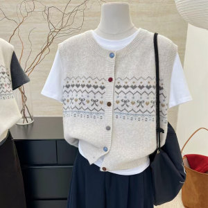 Retro and fashionable jacquard knitted cardigan for women with autumn and winter round neck lazy style loose casual layered vest vest
