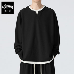 
Weichen plus size men's casual fake two-piece T-shirt men's Henry collar loose sweatshirt inner layering shirt plus fat increase