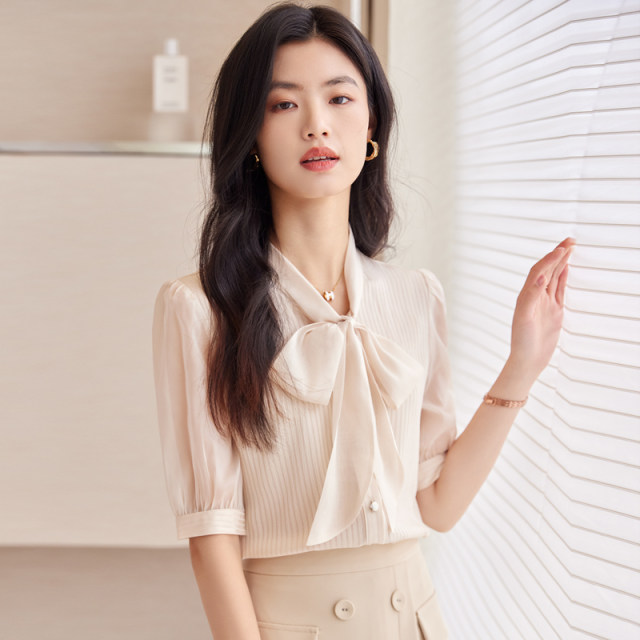 New spring and summer short-sleeved shirt for women beige lady slim mid-sleeved streamer bow neck OL fashionable shirt formal wear
