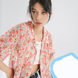 Omont Egg Tart Retro Hong Kong Style Short-sleeved Floral Shirt Women's Design Chiffon Shirt Summer Thin Top Jacket