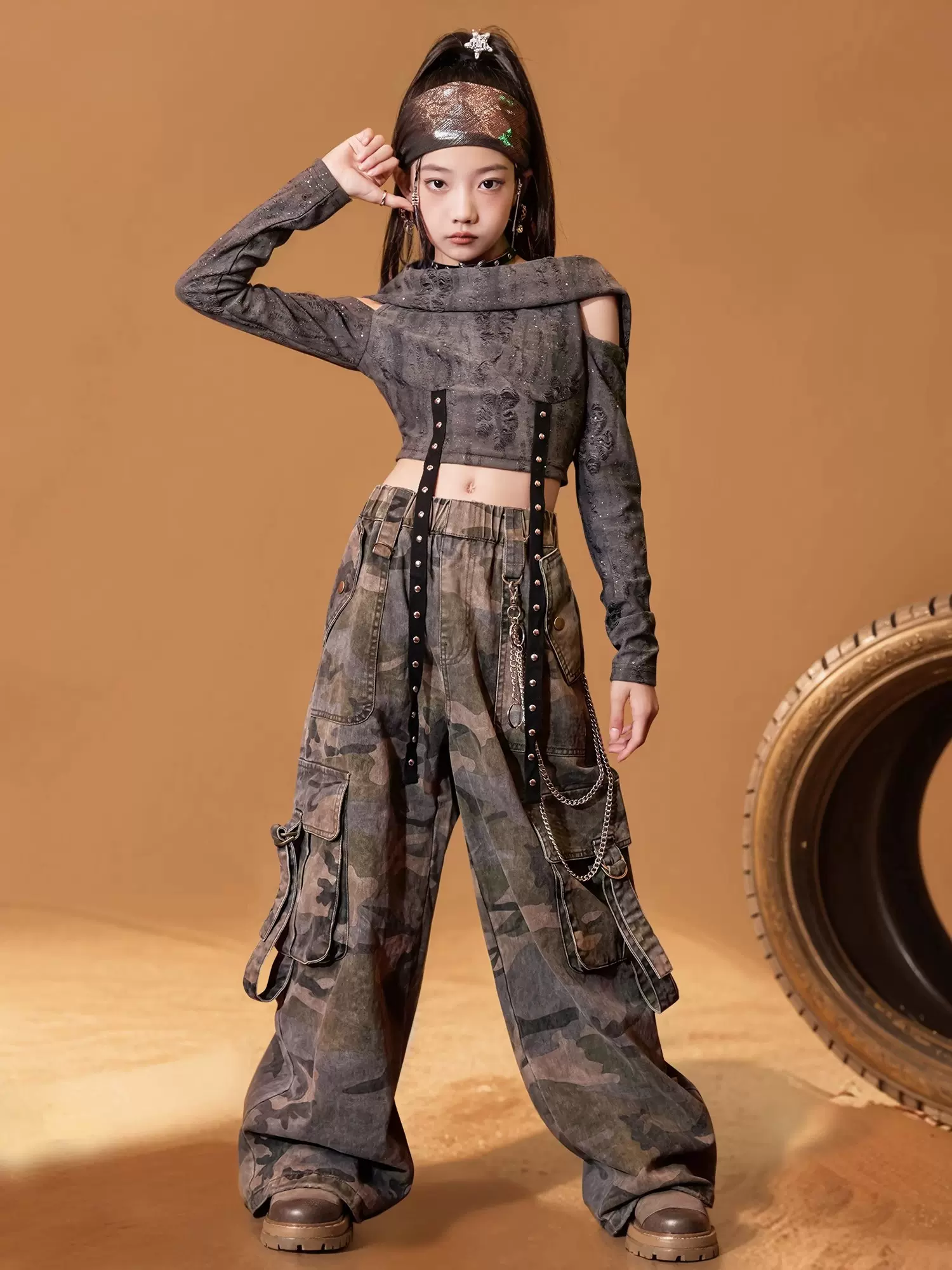 爵士舞女童服装沙丘废土风秋冬季潮酷时髦套装儿童街舞走秀演出服