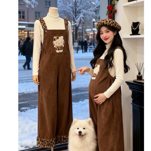 
Fashionable Autumn and Winter Maternity Wear 2025 New Cute Velvet Thickened Overalls with Solid Color Bottoming Top Set