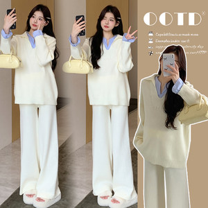 
Autumn design casual maternity wear new long-sleeved fake two-piece knitted tops without support belly wide-leg pants two-piece set