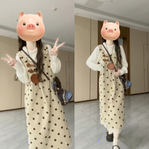 Maternity clothing spring and autumn new style design loose and fashionable outside wear versatile high-end polka dot vest skirt for women two-piece set
