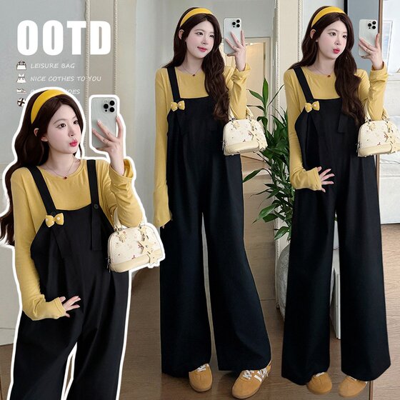 
Pregnant women's spring and autumn two-piece large size loose bottoming shirt paired with slimming wide-leg overalls 2026 Korean version for women
