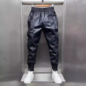 Winter Warm and Velvet Leather Pants Men's Small Feet Thick Casual Pants Trendy Brand Korean PU Leather Leg Tight Pants Rascal Handsome Motorcycle Pants