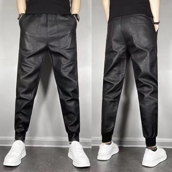 Winter new men's plus velvet thickening casual elastic car leather pants straight pants, windproof waterproof and warm trousers