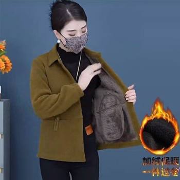 Middle-aged women's corduroy jacket plus velvet top mother's clothing autumn and winter long-sleeved cardigan middle-aged and elderly thick jacket
