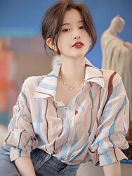 Clearance of Foreign Trade Women's Clothing, Bargain Deals on First-Tier Brand Cut-Label Designer Shirts with Abstract Striped Print in Silk