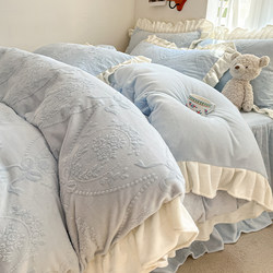 Autumn and Winter Princess-Style Lace Bed Set, Milk Velvet Four-Piece Bedding Set, Double-Sided Velvet Duvet Cover, Fleece-Lined Coral Velvet Bed Sheet