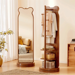 Bear-Shaped Rotating Full-Length Mirror, Floor Mirror for Home Bedroom, Dressing Mirror, Movable Fitting Mirror, Integrated Mirror with Clothes Rack