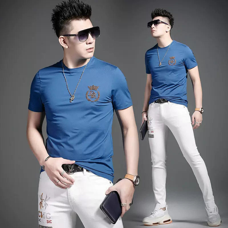 言吉高端男装奢侈品牌修身夏装刺绣夏季潮牌男士短袖22