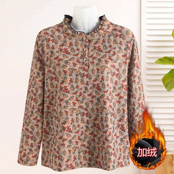 
Mom's autumn and winter inner velvet warm top for middle-aged and elderly women large size half turtleneck floral fashionable thickened bottoming shirt
