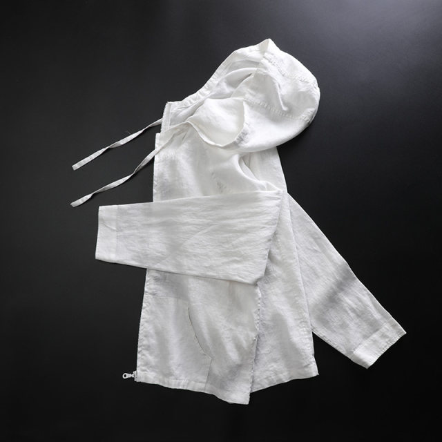 Pure linen hooded zipper sun protection cardigan women's air conditioning blouse, sesame white thin coat short top summer