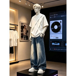 White American-Style Pleated Deconstructed Short-Sleeve Suit for Men, Summer Stiff Heavyweight T-Shirt with a High-End, Cool and Handsome Two-Piece Set