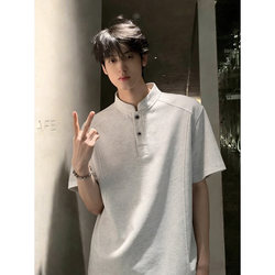 White and Gray American-Style Henry Collar T-Shirt for Men, Summer Cleanfit Patchwork Heavyweight Short-Sleeve High-End Polo Half-Sleeve