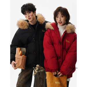 
V37 high-end heavy fur collar couple parka cotton coat men's winter American trendy brand horn button hooded warm cotton coat