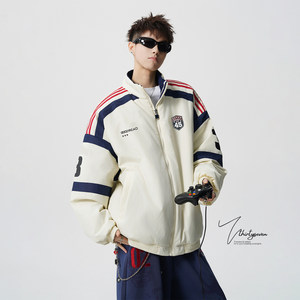 
V37 American retro contrast color splicing cotton coat men's winter trendy brand loose casual versatile couple cotton coat