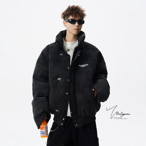 
V37 high street retro tie-dye design thick leather jacket men's winter American high-end aircraft button couple cotton coat