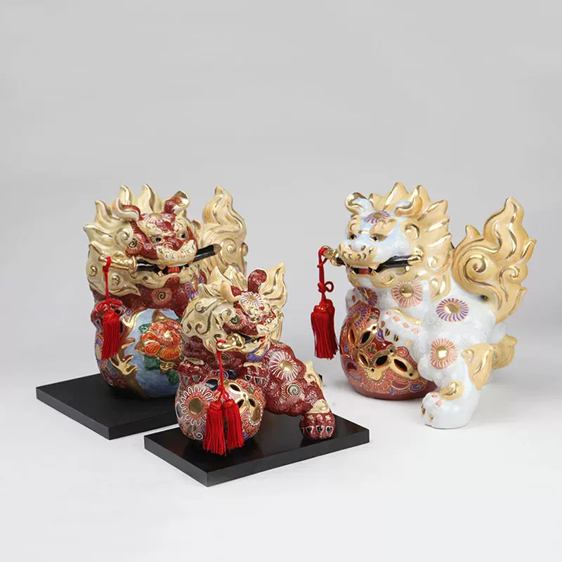 日本进口茶道具九谷烧名家作满工彩绘陶瓷狮子滚绣球置物家居摆件-Taobao