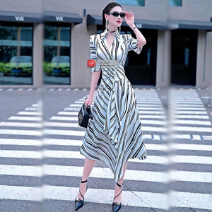 VJE Fashion Commuter Design Striped Print Over-Knee Long Skirt 2025 Summer Business Style Shirt Dress