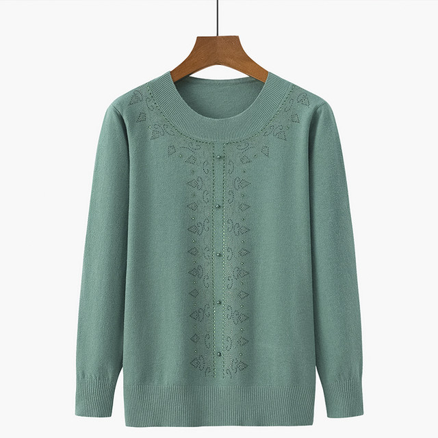 Mom's autumn new solid color large size knitted top middle-aged and elderly women's fashionable round neck diamond-set sweater
