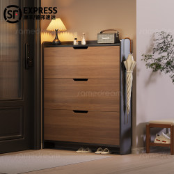 Sanmeng Solid Wood Mid-Century Style Ultra-Thin Shoe Cabinet for Home Entrance, Walnut Color, Entryway Storage, Extremely Narrow Shoe Cabinet for Indoor Use