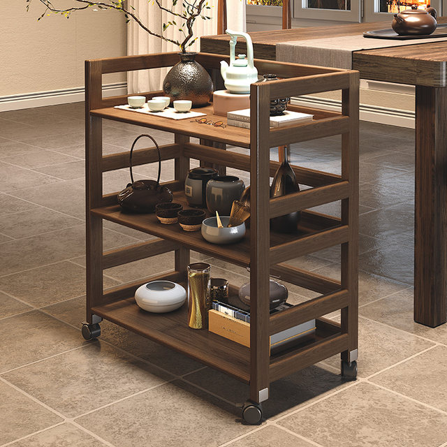 Tea set storage rack walnut small cart tea cup storage rack movable tea ...