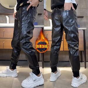 
Trendy black leggings casual pants, windproof leather pants, men's fashionable internet celebrity plus velvet, warm and versatile harem pants