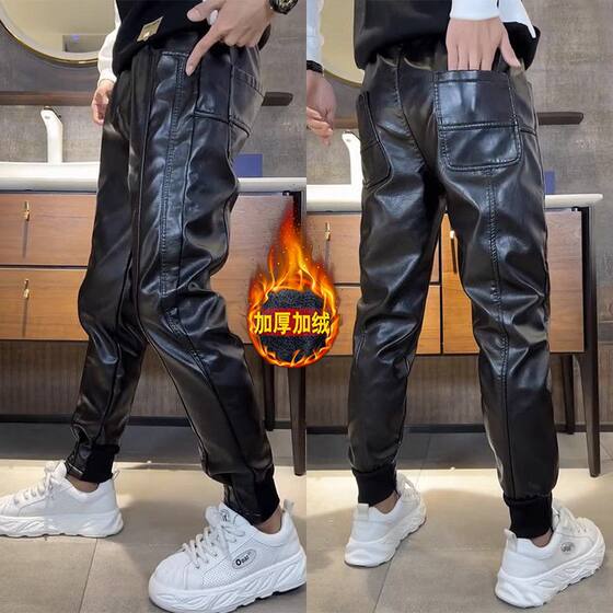 
Trendy black leggings casual pants, windproof leather pants, men's fashionable internet celebrity plus velvet, warm and versatile harem pants