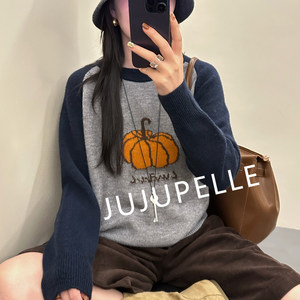 
Pumpkin Jacquard Contrast Color Age Reduction 2025 Autumn Korean Style Slim Loose Sweater Women's Long Sleeve Knitted Sweater Pullover