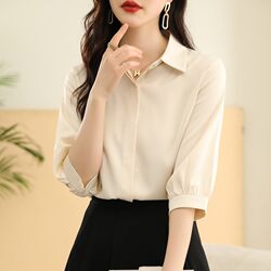 High-End Acetate Shirt for Women 2026 New Summer Professional Workwear Top Elegant Commuter Mid-Sleeve Chiffon Shirt