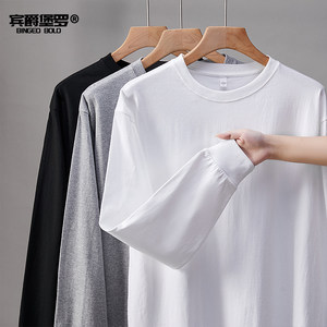 
Spring pure cotton loose trendy men's long-sleeved T-shirt round neck threaded cuffs couple tops bottoming shirt