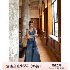 
GV Big White Brother Middle California Tennis denim cotton belt vest dress pleated A-line long skirt for women