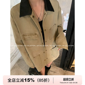 
GV Dabai Ge Heavy Workwear Style Leather Collar Contrasted Denim Jacket Street Style Long Sleeve Top Women's Spring