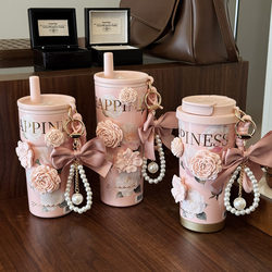 Camellia Ceramic Liner Insulated Cup for Women, Coffee Travel Mug, Portable Straw Water Cup, High Aesthetic New Model 2025