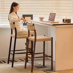 Rope-Woven Bar Stools, Solid Wood Bar Chairs, Home-Use High Stools, Light Luxury Bar and Restaurant Island Chairs, Rope and Rattan Woven Backrest Dining Chairs