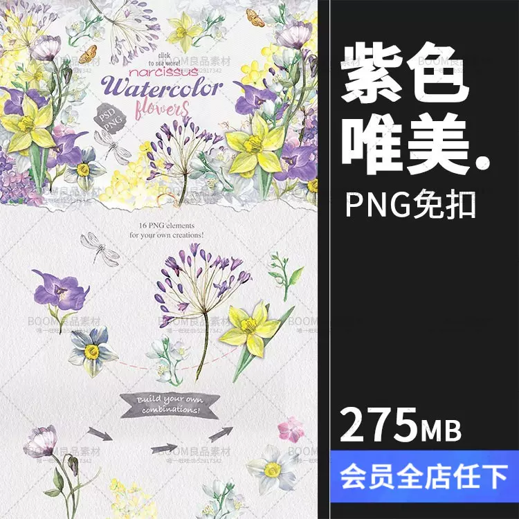 唯美紫色植物牵牛花手绘手账彩色png元素婚礼卡片免抠