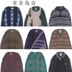 
Vintage vintage retro Japanese loose geometric contrast color pop pattern pure wool men and women sweaters autumn and winter 19