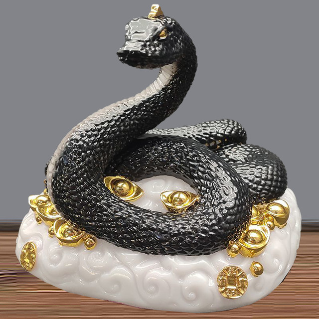 Solid White Jade Snake Statue, Black Python Snake Ingot, Zodiac Snake, Wealth Figurine, Home Craft Ornament, Real Figure for Worship