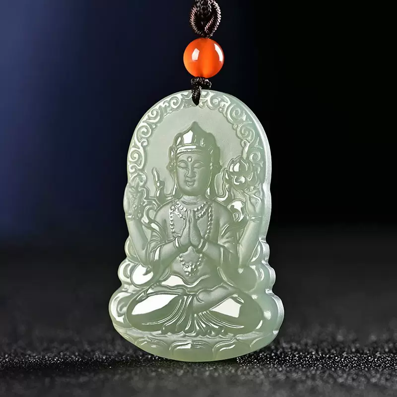 天然青白玉觀音吊墜四臂觀音玉牌男款和田玉玉佩飾品國家檢驗青白玉吊墜
