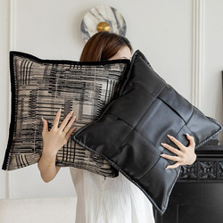 New Italian-Style Black and White Double-Layered Sofa Cushion Cover, Light Luxury Leather Checkered Woven Living Room Lumbar Pillow Cushion